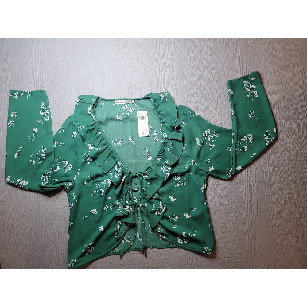 ♡Abercrombie & Fitch Green Floral Ruffle Tie Front Long Sleeve Crop Blouse Med